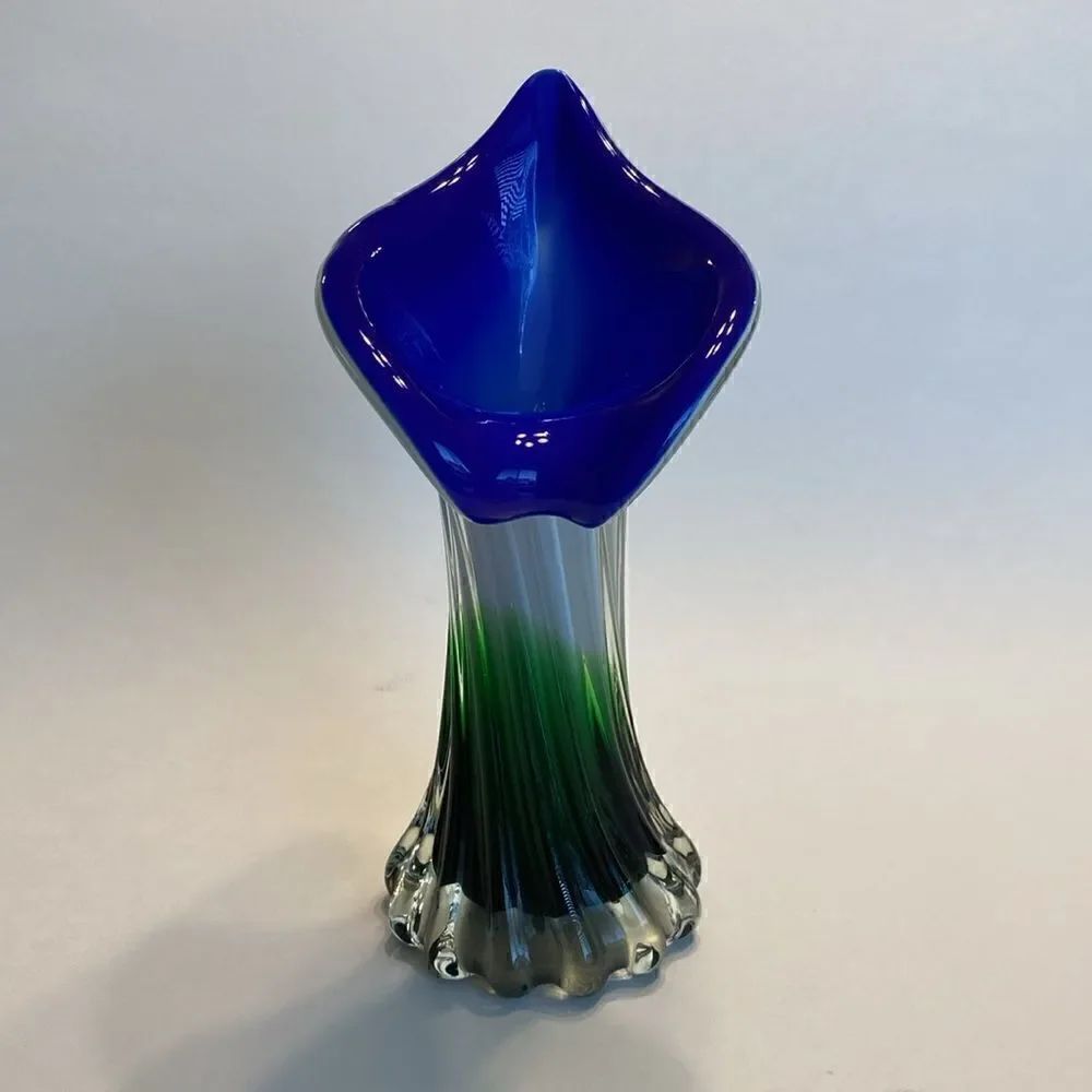 Hand Blown Art Glass Swirled Vase 8” Blue White Green